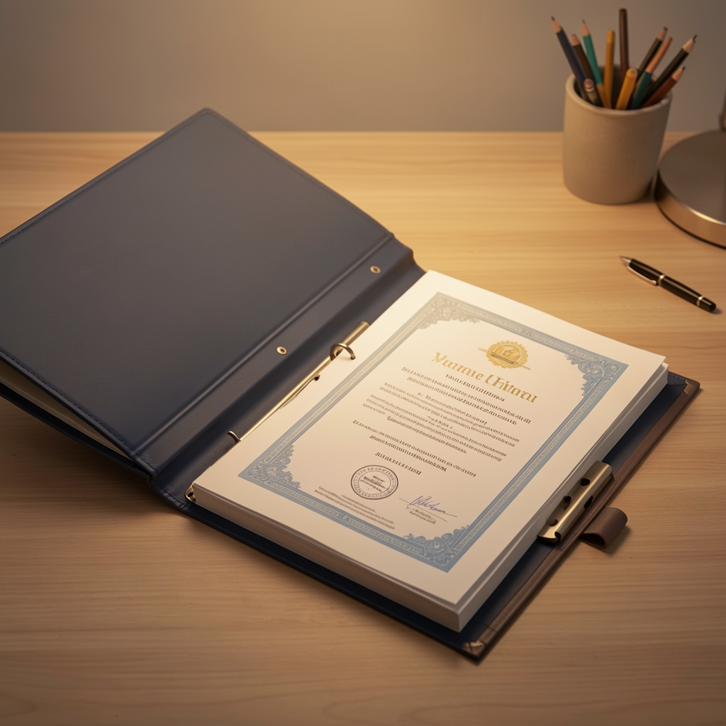 Batch documentation folder open on a desk with printed certificate of composition visible under warm studio lighting