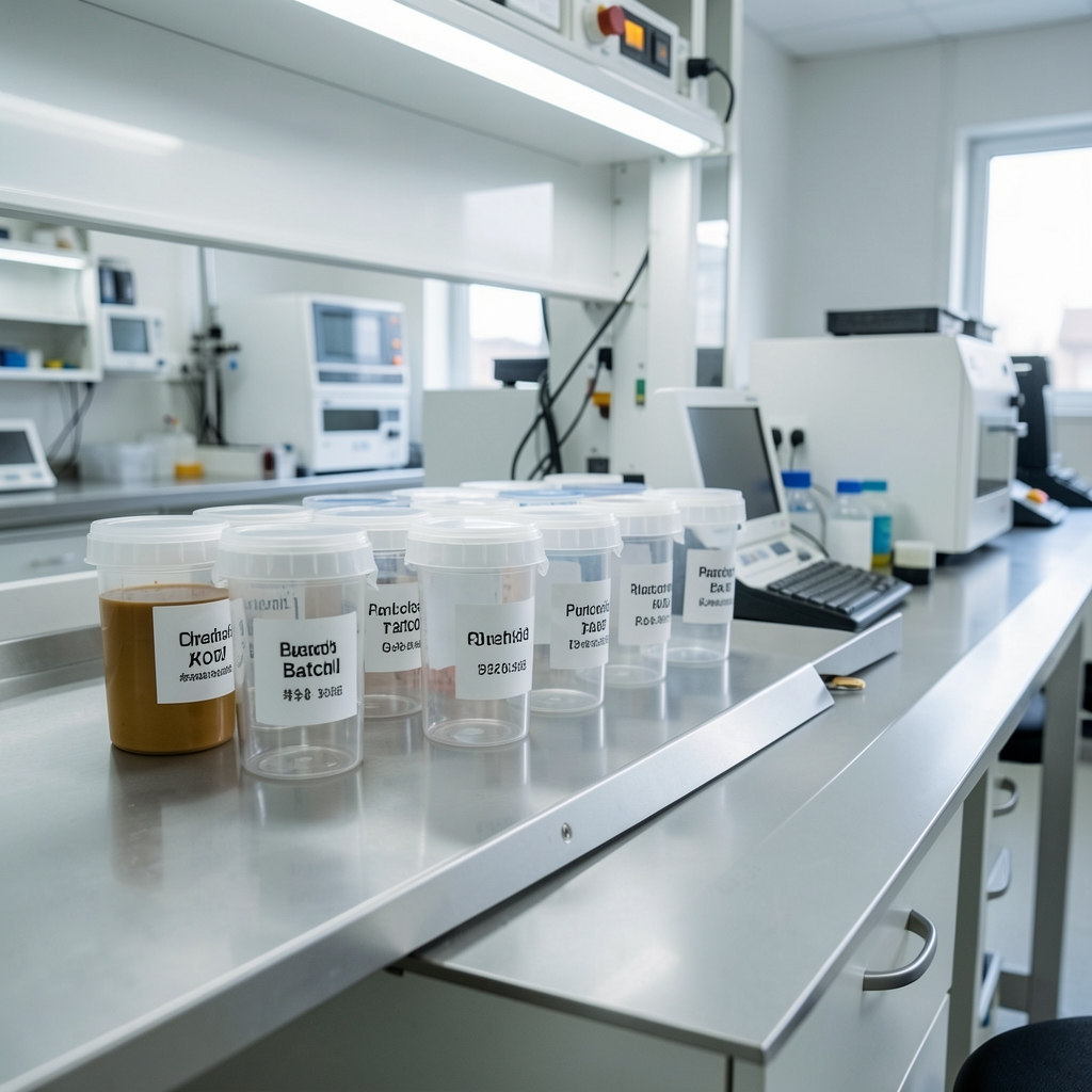 Quality-control bench with batch-coded containers lined up in a clean workspace with controlled lighting