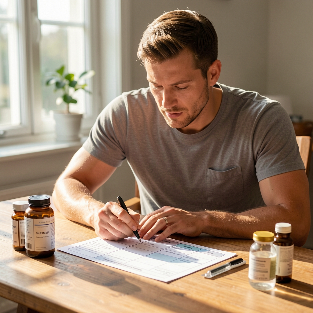 Active man in morning light reviewing a structured daily supplement schedule laid out on a wooden surface
