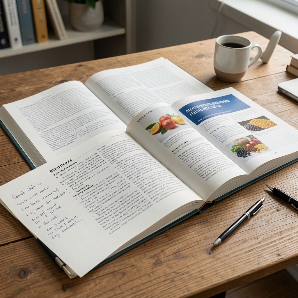 Open research journals and nutritional literature on a wooden desk with handwritten notes and a pen in a quiet workspace