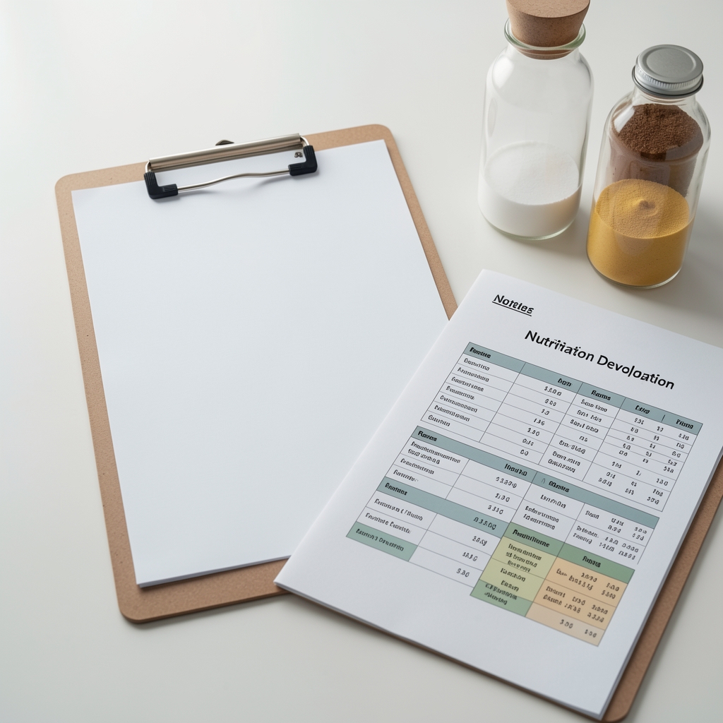 Nutritional formulation development notes on a clipboard beside ingredient measurements and reference tables in a clean workspace
