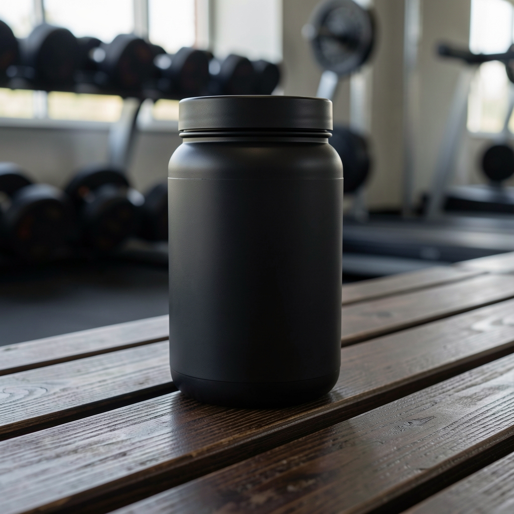 Post-workout nutritional supplement packaging with matte finish displayed on a dark wooden gym bench